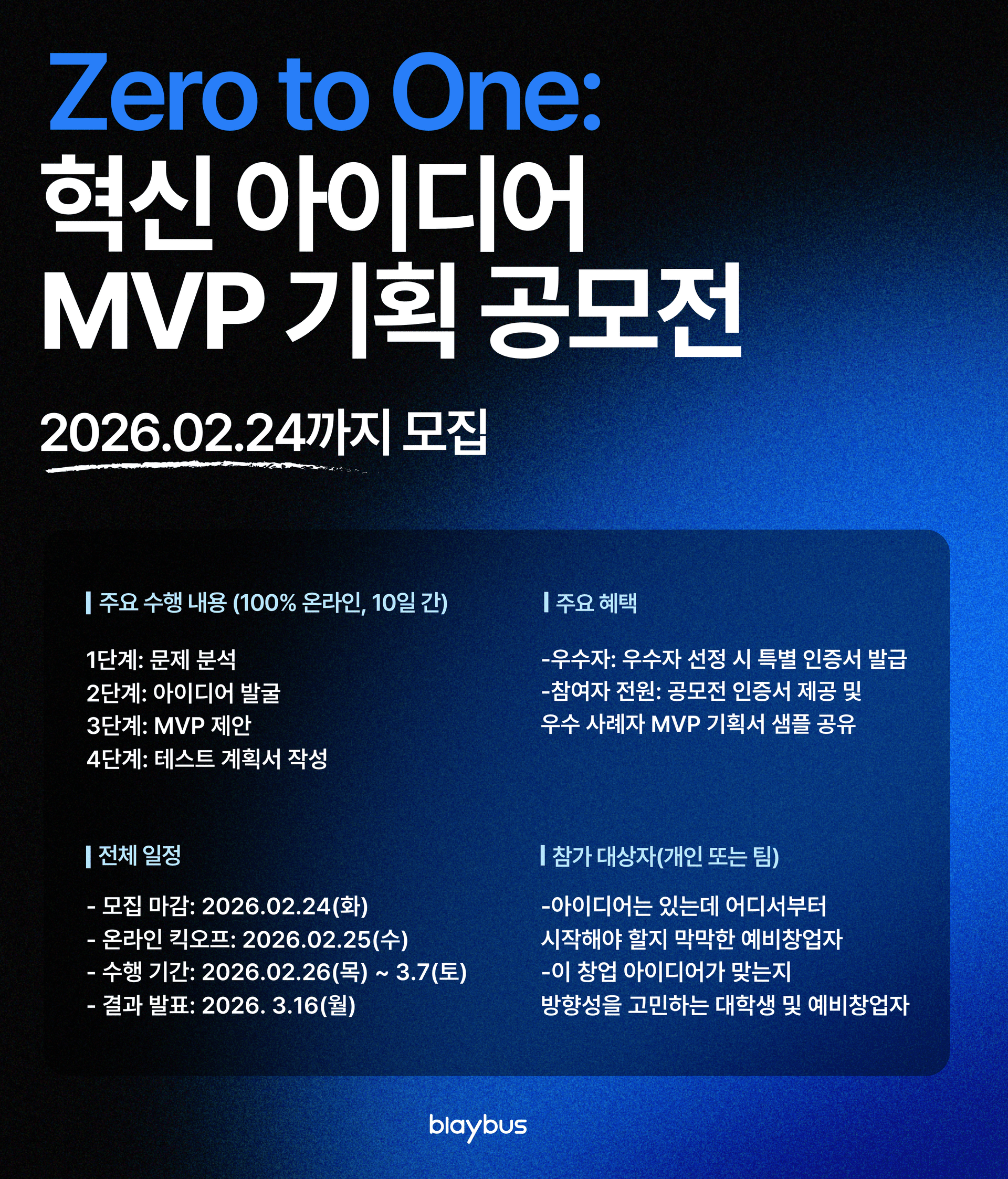 클릭하여 크게 보기 Zero to One: 혁신 아이디어 MVP 기획 공모전 포스터